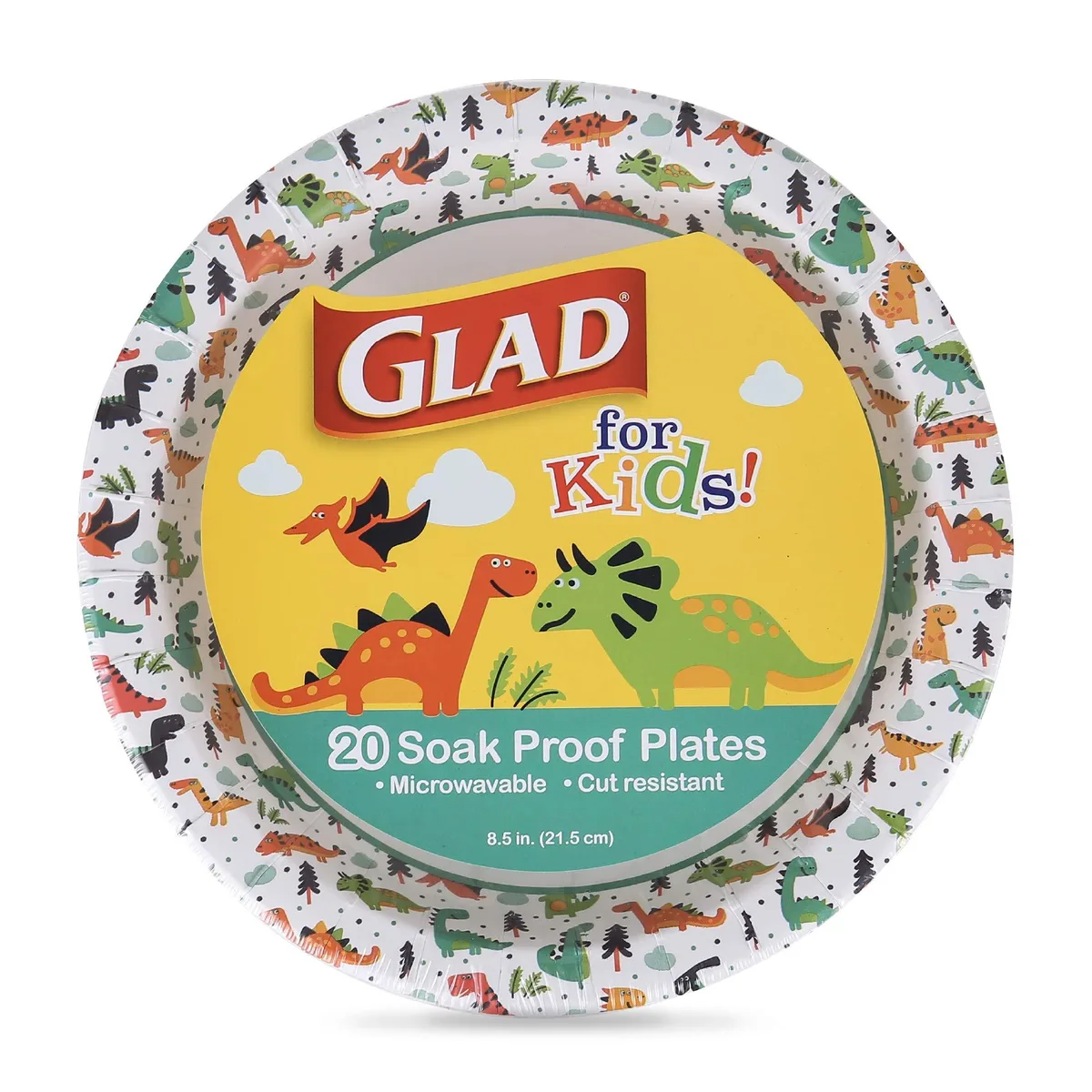 Pack of 20 round 8.5 inch white paper plates with multicolor dinosaur print and glossy finish