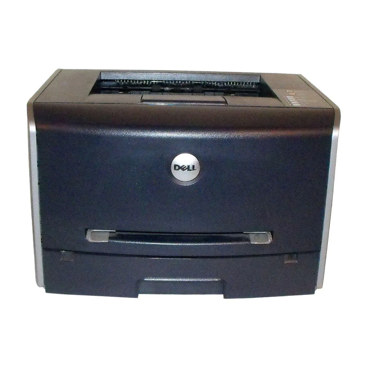 Dell 1710N monochrome laser printer, rectangular grey chassis, front paper tray, Ethernet port visible
