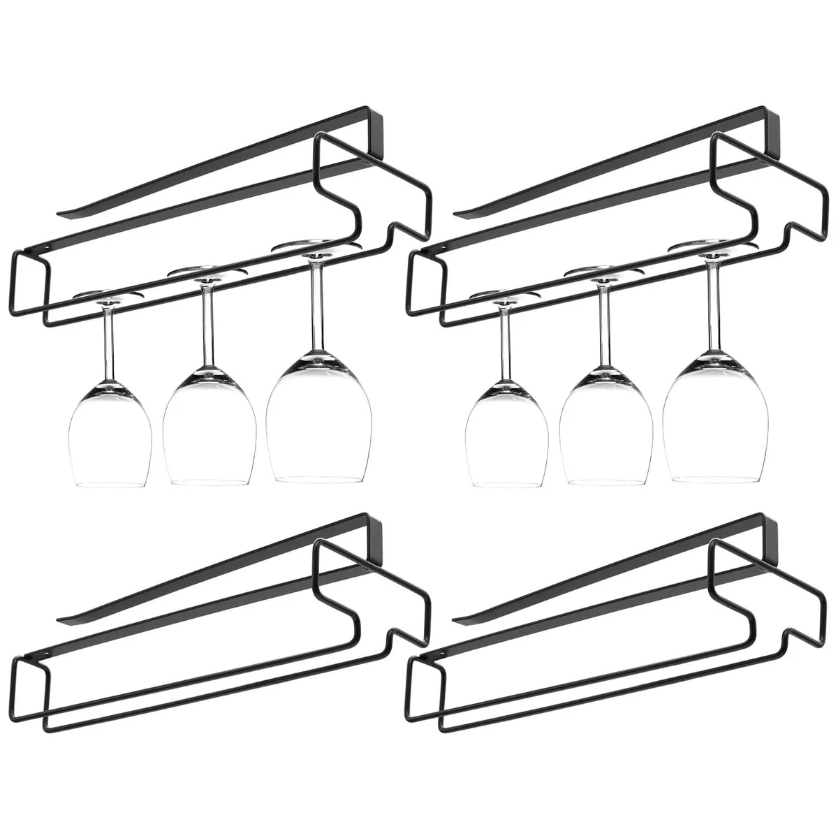 Four red plastic two-tier wine glass holders, 34 inches long, round shape, hanging design