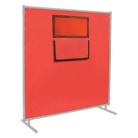 Red welding curtain with window, 6x6 ft, grommets along edges