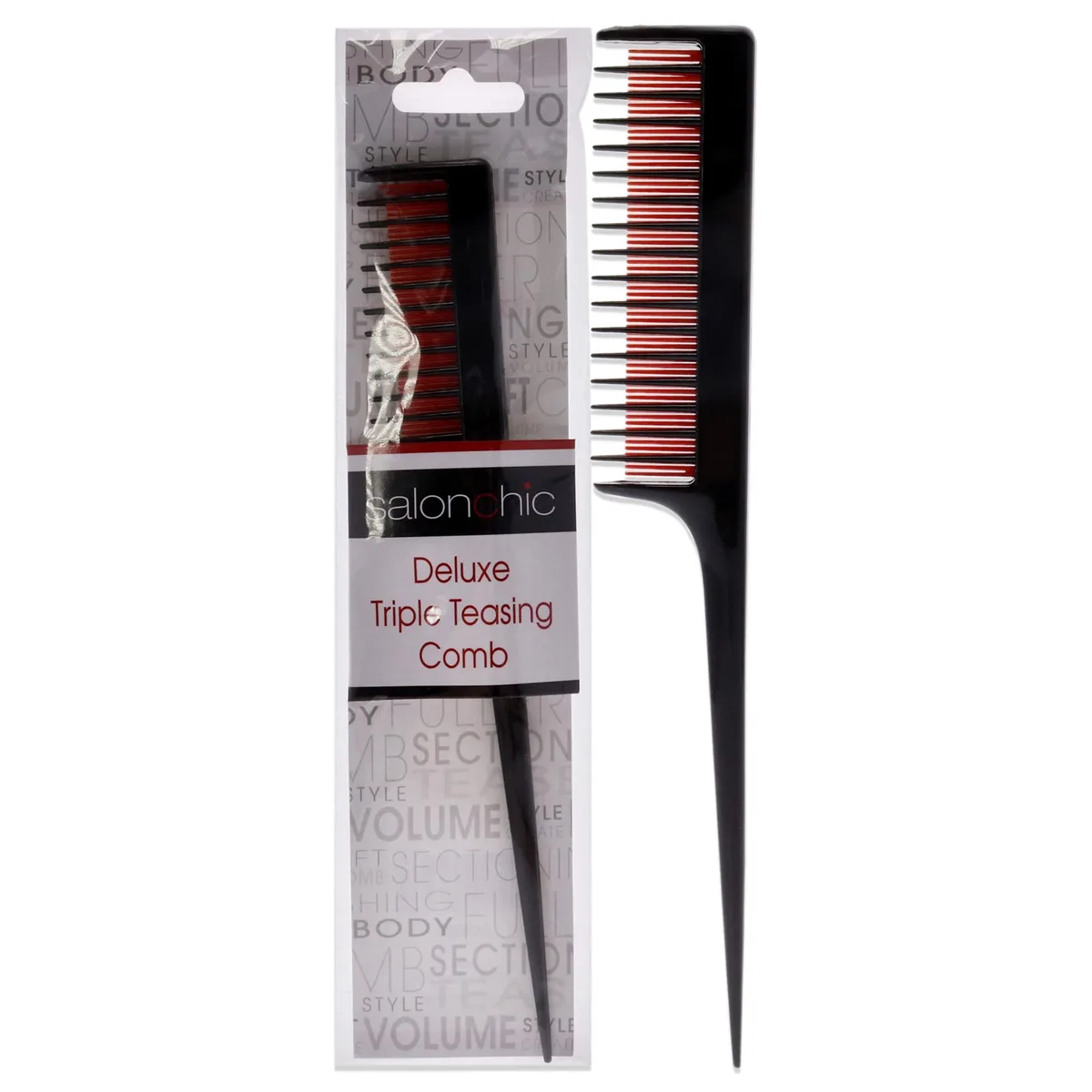 Three-row teasing comb in light plastic, 2.4 by 3.96 by 1.3 inches
