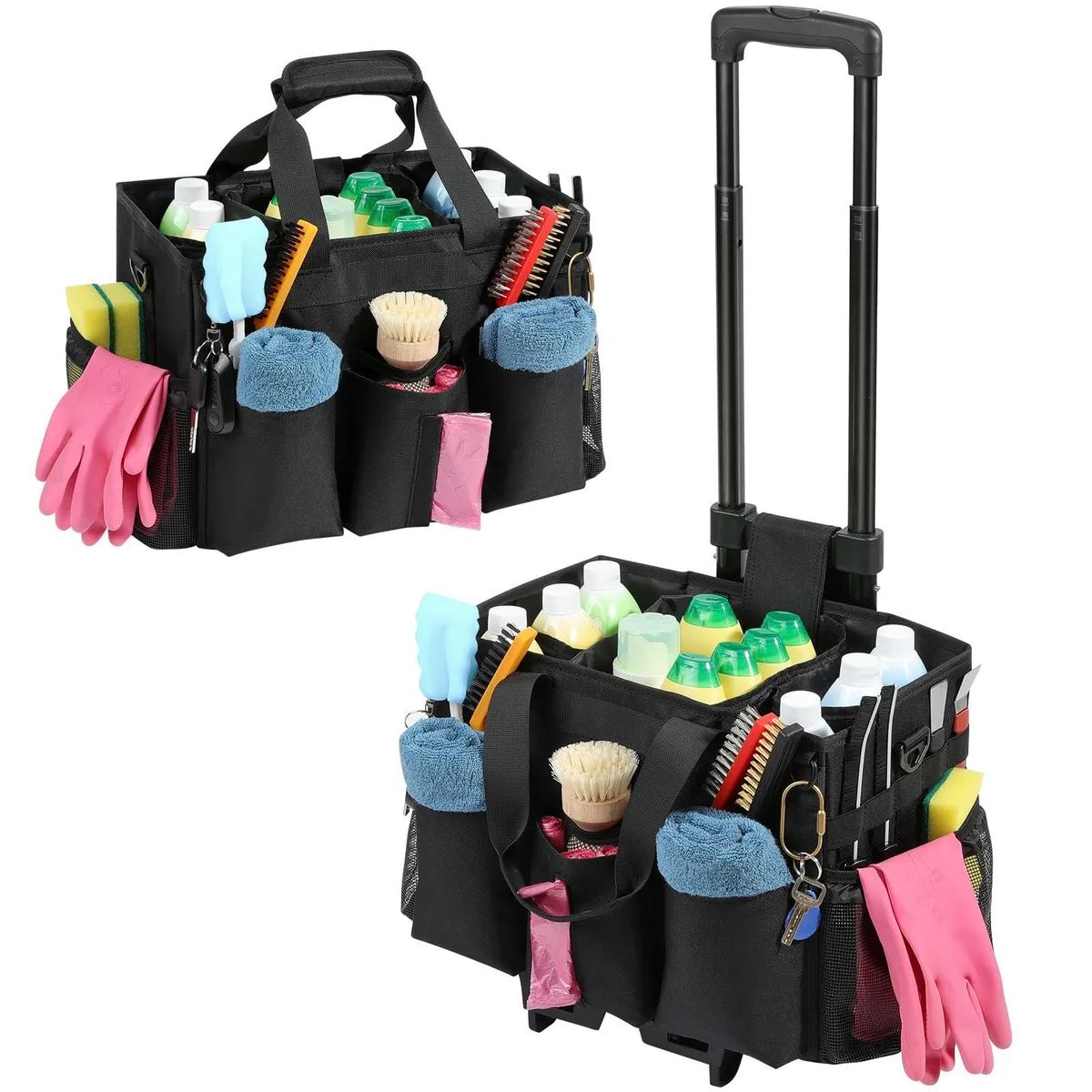 Black rolling cleaning caddy bag with detachable trolley and wheels