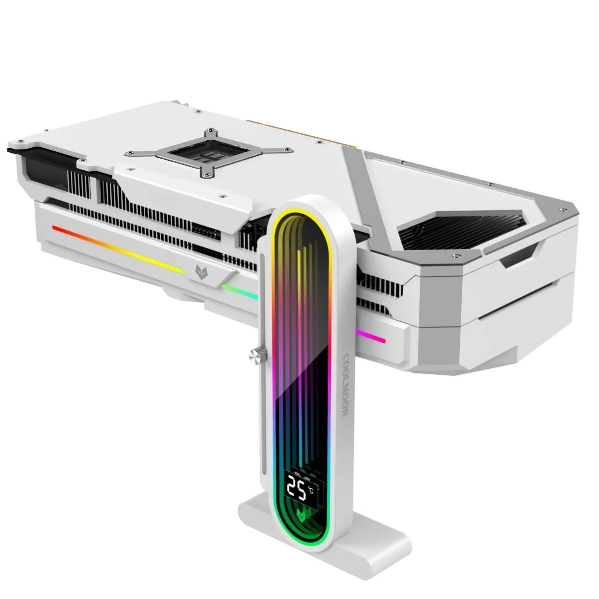 White ABS GPU support bracket with magnetic base, adjustable height, RGB lighting and temperature display
