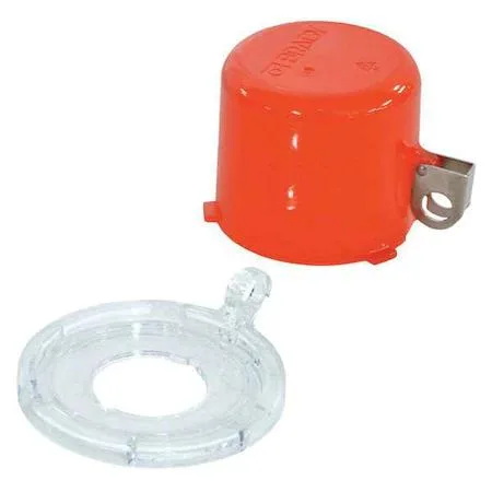 Red polycarbonate push-button lockout cover with adhesive backing