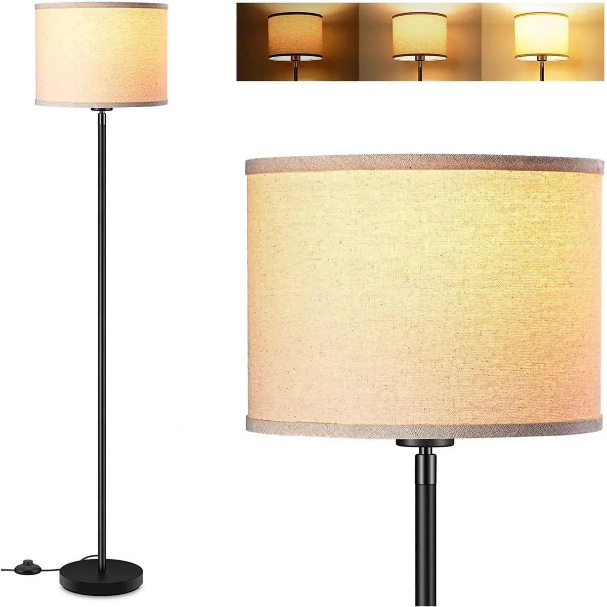 Black metal floor lamp with linen shade, 58 inches tall, matte finish