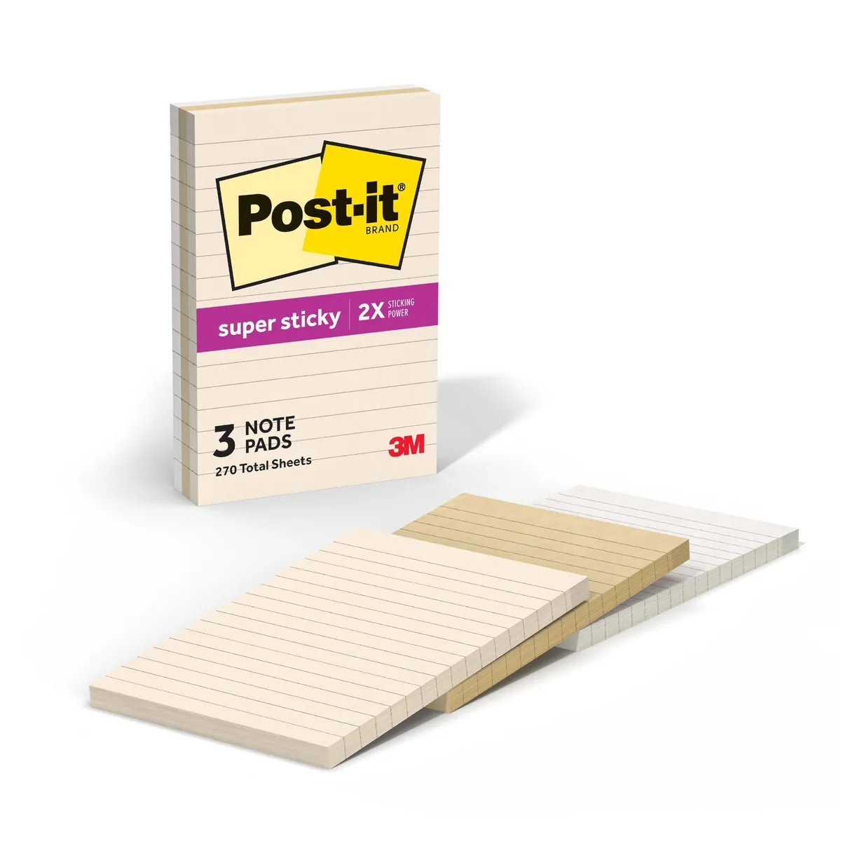 Three rectangular pads of lined sticky notes in muted tan, beige and pale grey stacked together