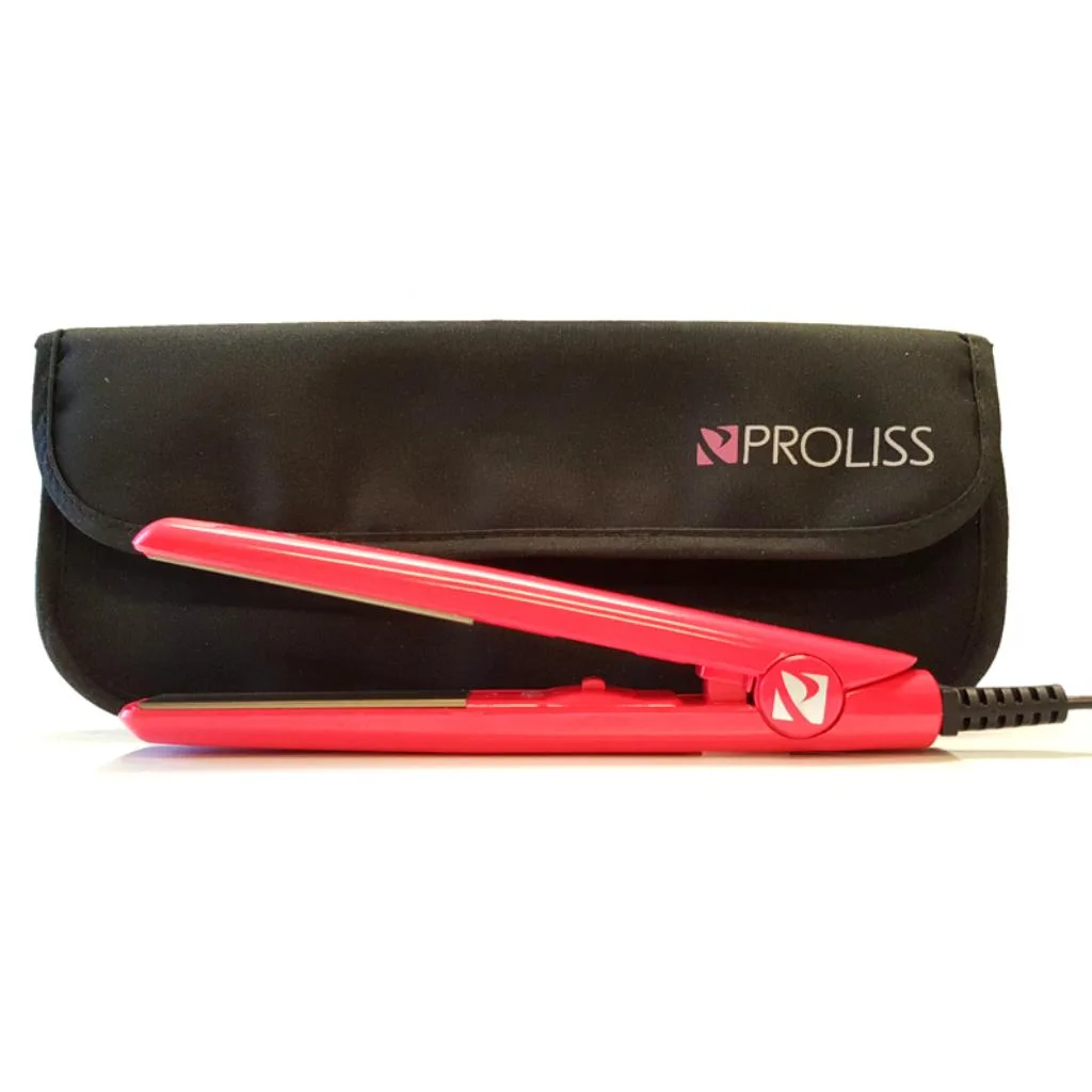 Proliss Proliss Mini Silk Flat Iron 0.5" Tourmaline Ceramic Dual Voltage Pink Pouch — product photo