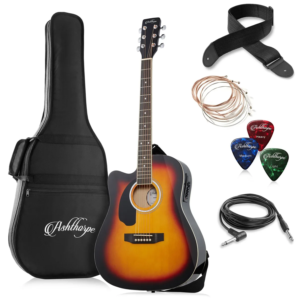 Ashthorpe Ashthorpe 41" Left-Handed Dreadnought Cutaway Acoustic-Electric Guitar Sunburst — product photo
