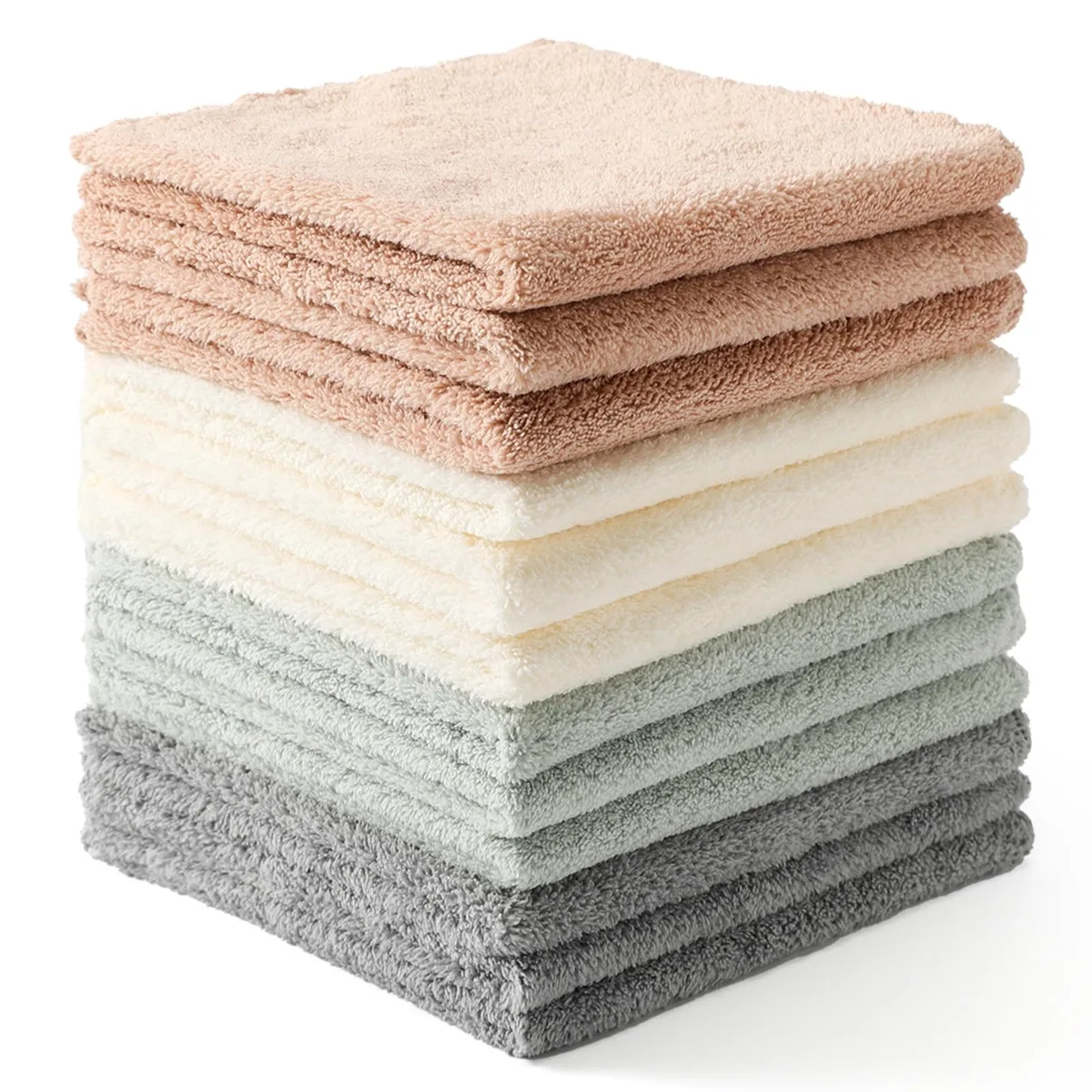 Twelve square microfiber cloths in assorted colours, 11.8 inches each side