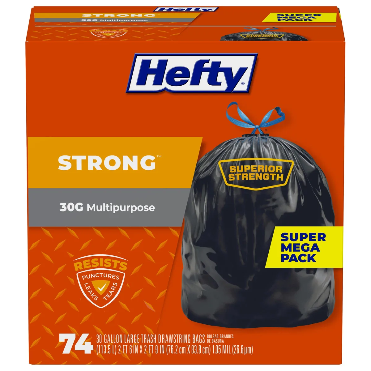 Box of 74 black 30 gallon drawstring trash bags