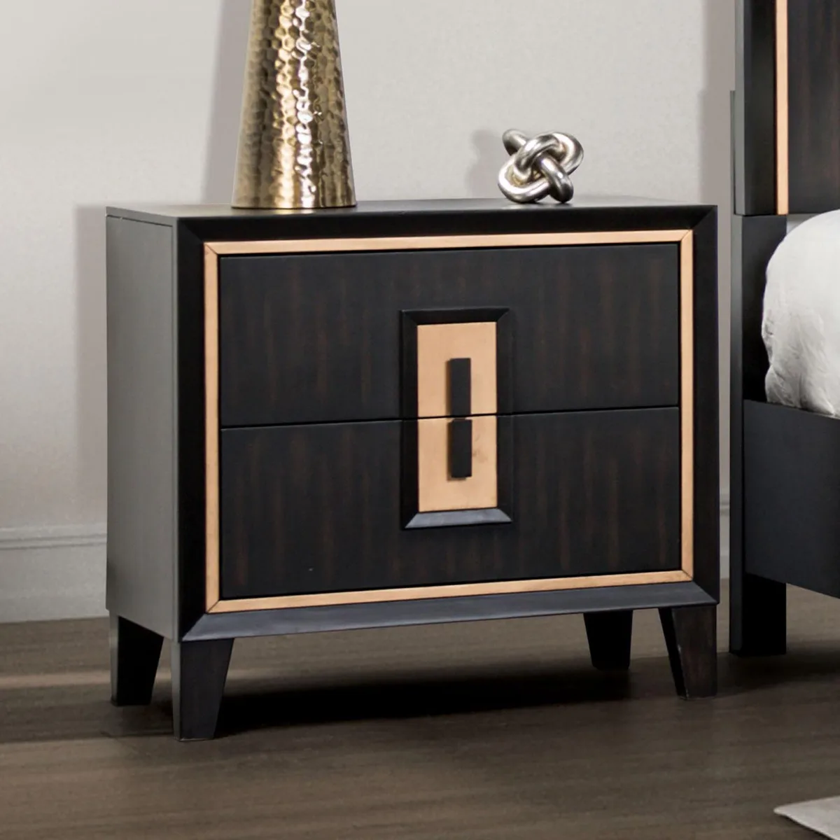 tuphen tuphen Modern Espresso Bedside Table Nightstand Gold Accent Wooden Finger Pull — product photo