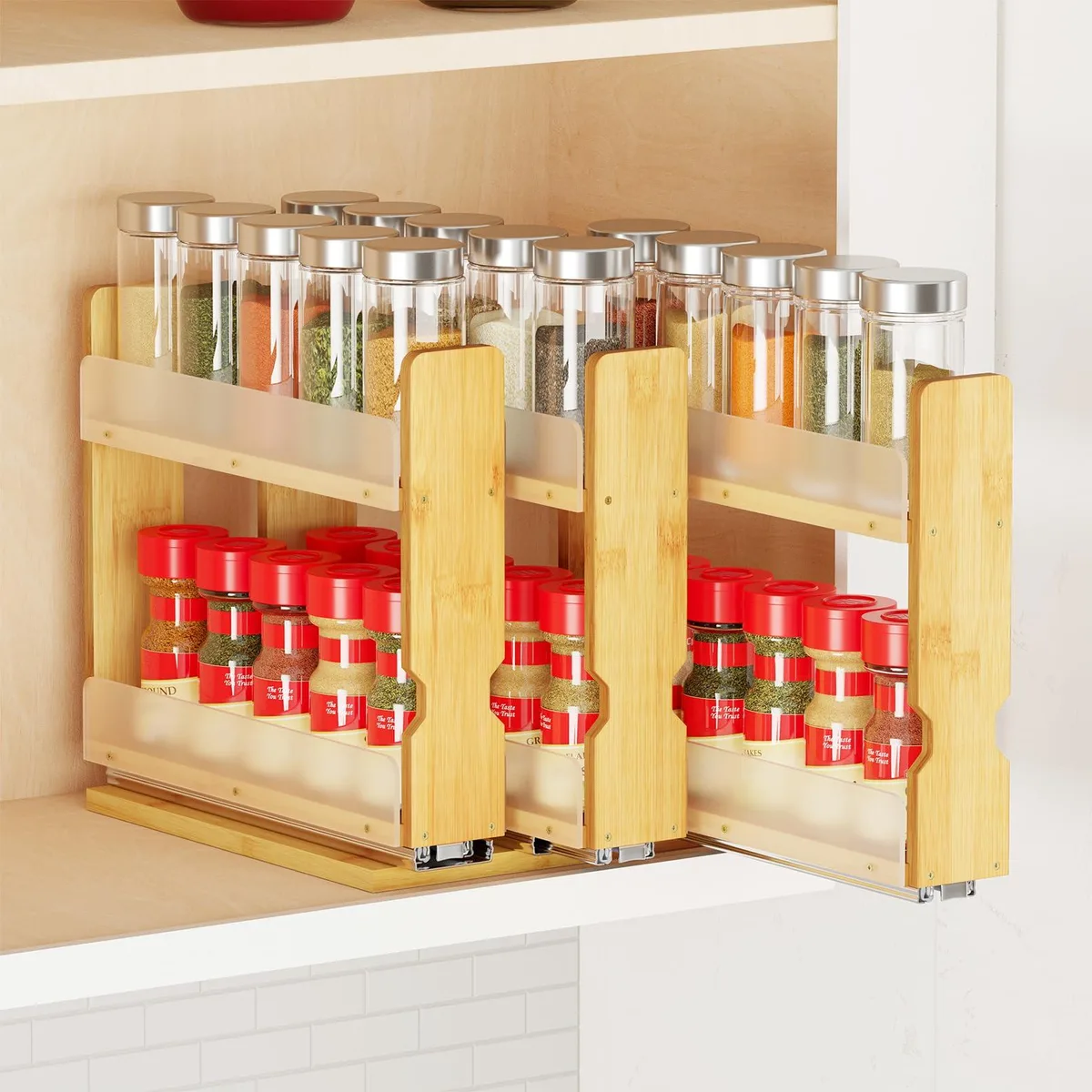 Bamboo pull-out spice rack, three drawers, two tiers, natural finish, 7.6 inches wide