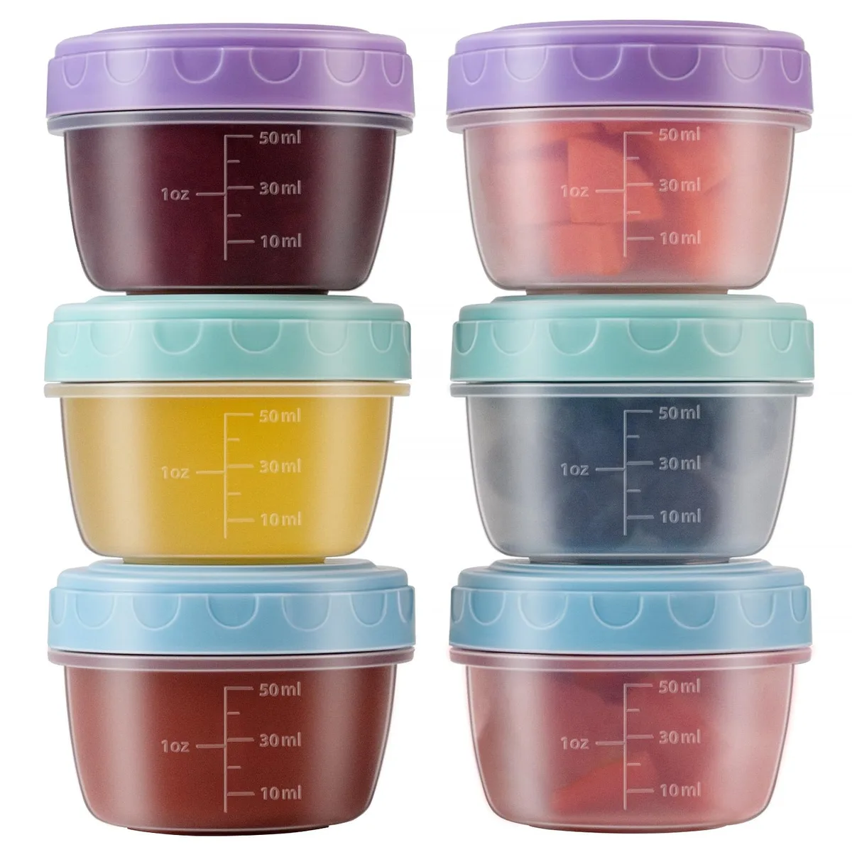 Six small plastic containers with lids in muted mixed colours, rectangular shape with measurement markings