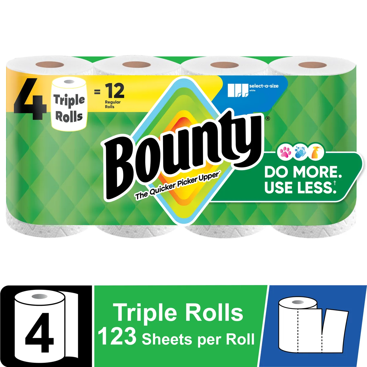 Four white paper towel rolls in plastic wrap