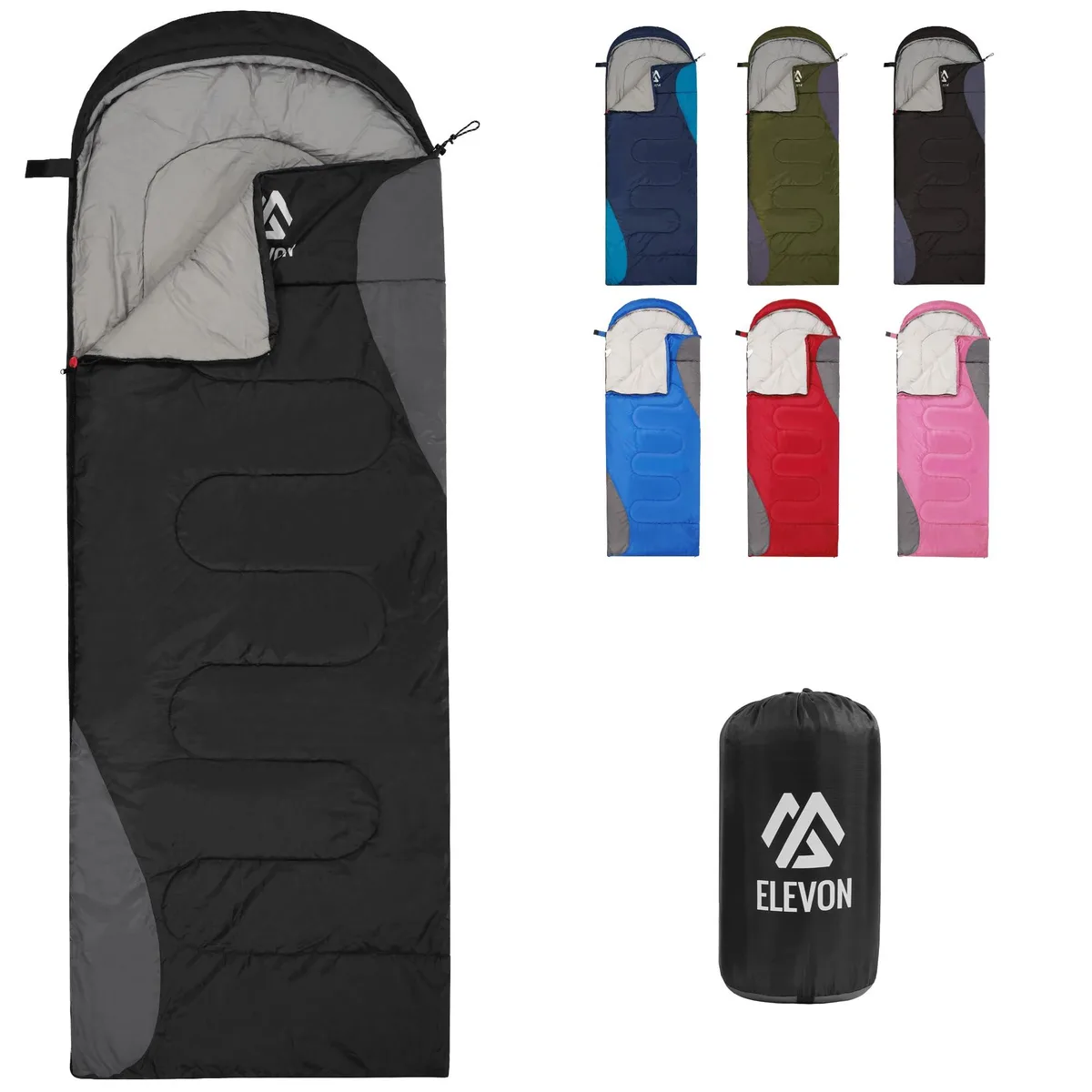 Blue rectangular sleeping bag with compression sack, 31.5 by 86.6 inches, weighs 3 lbs