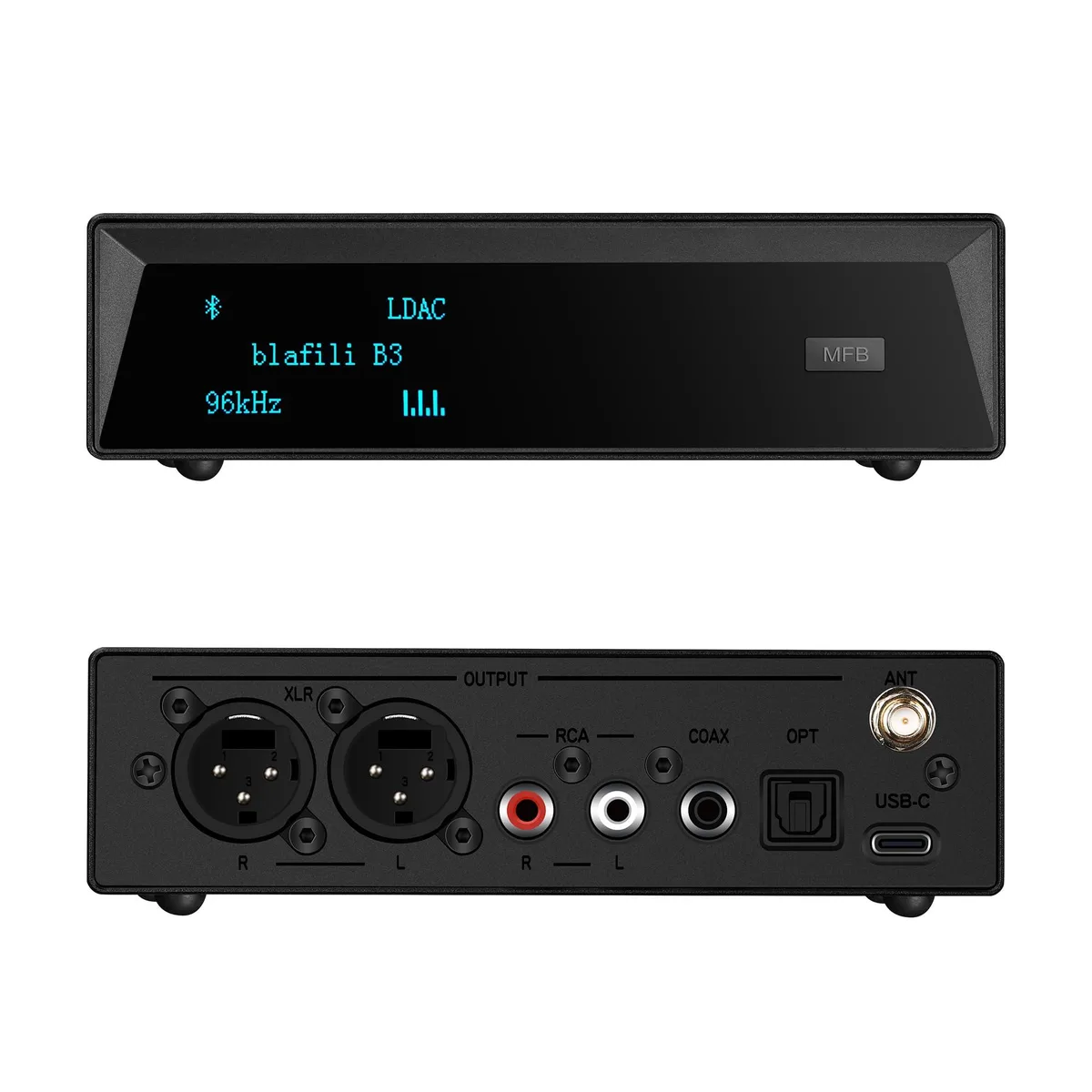Black rectangular Bluetooth receiver with XLR optical coaxial RCA outputs 5.6 in wide