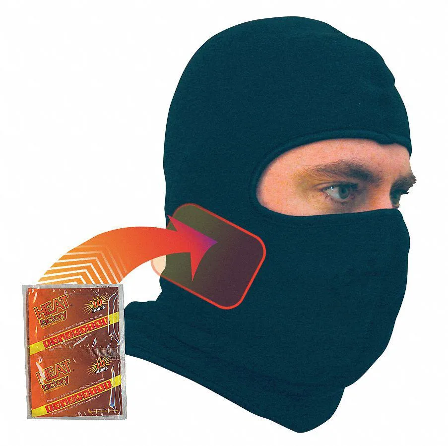Black fleece heated balaclava with integrated warmer pockets, universal size