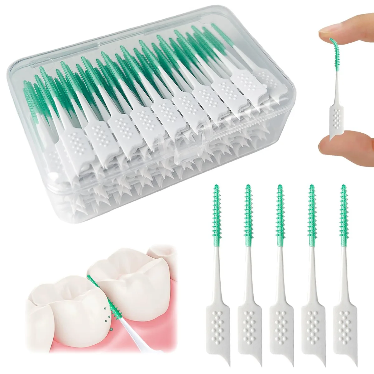 Green travel case holding 160 white floss picks with soft silicone bristles