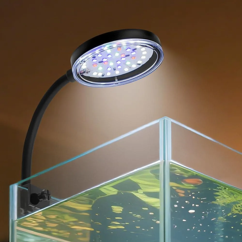 Compact clip-on aquarium light with flexible gooseneck and USB power