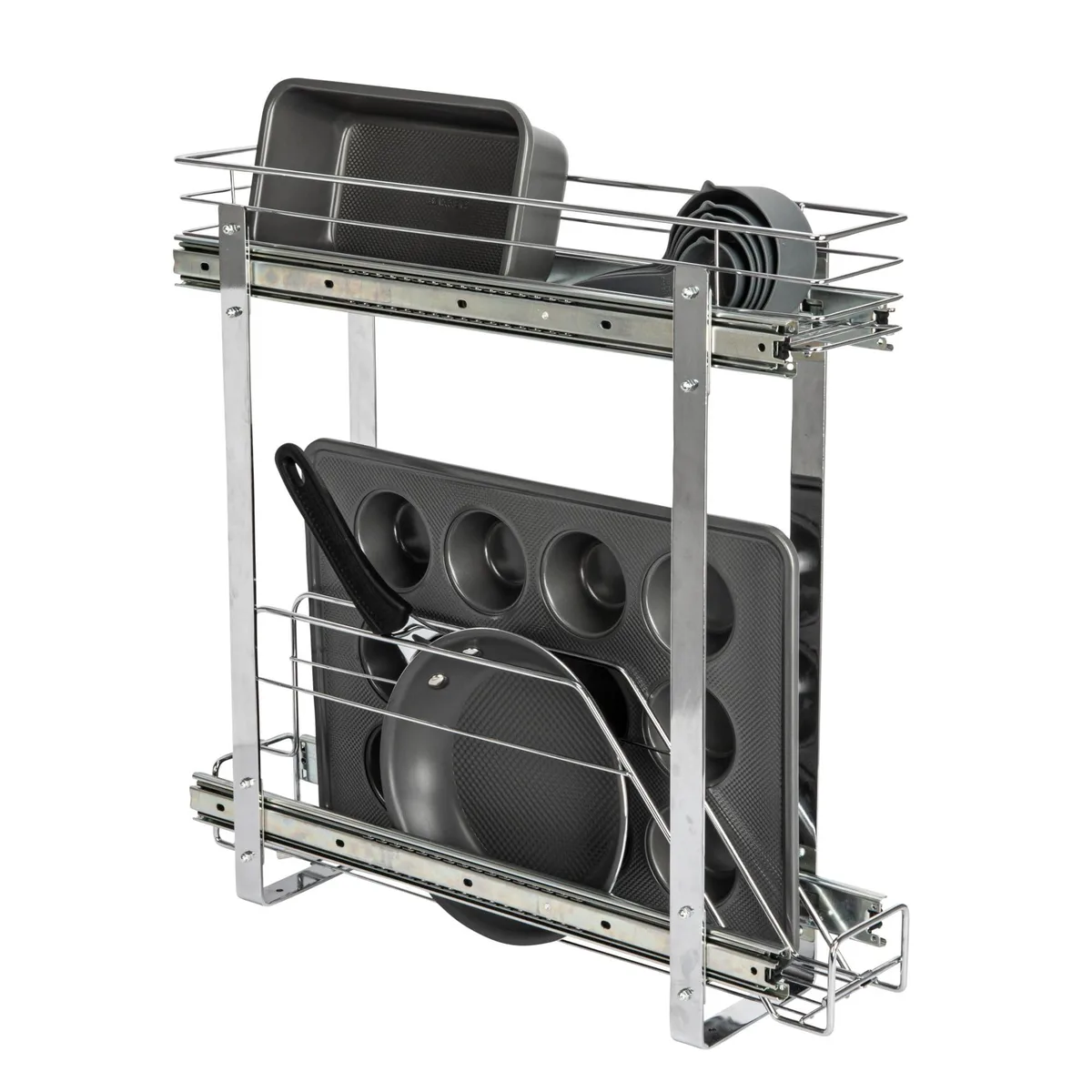Chrome two-tier pull-out cabinet organizer with ball-bearing slides