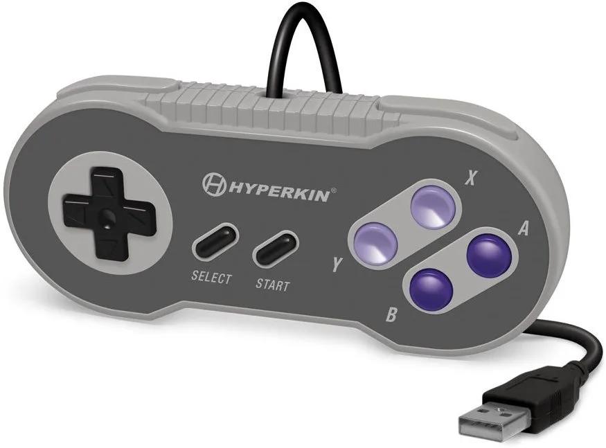 Grey rectangular gamepad with purple buttons, SNES-style layout, 10 ft USB cable