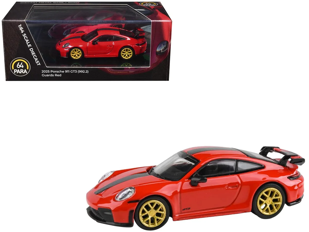 Paragon Paragon 2025 Porsche 911 GT3 992.2 Guards Red Carbon Stripe Gold Wheels 1/64 Diecast Hobby Collectible — product photo