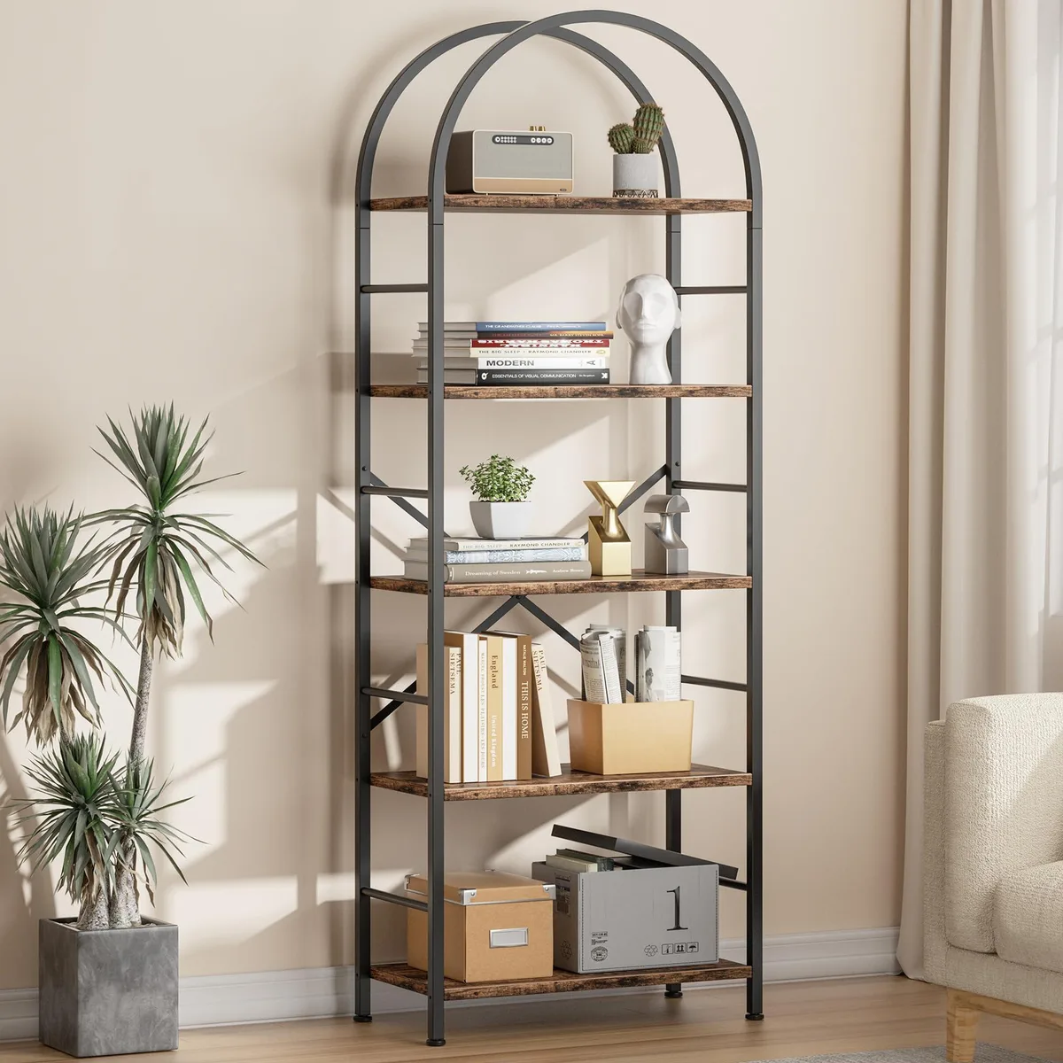 Tall arched five-tier bookcase in rustic brown with metal frame and wood shelves