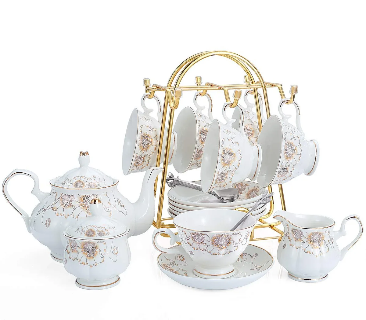 22-piece porcelain tea set with chrysanthemum pattern, gold trim, teapot, cups, saucers, spoons, sugar bowl, creamer, strainer