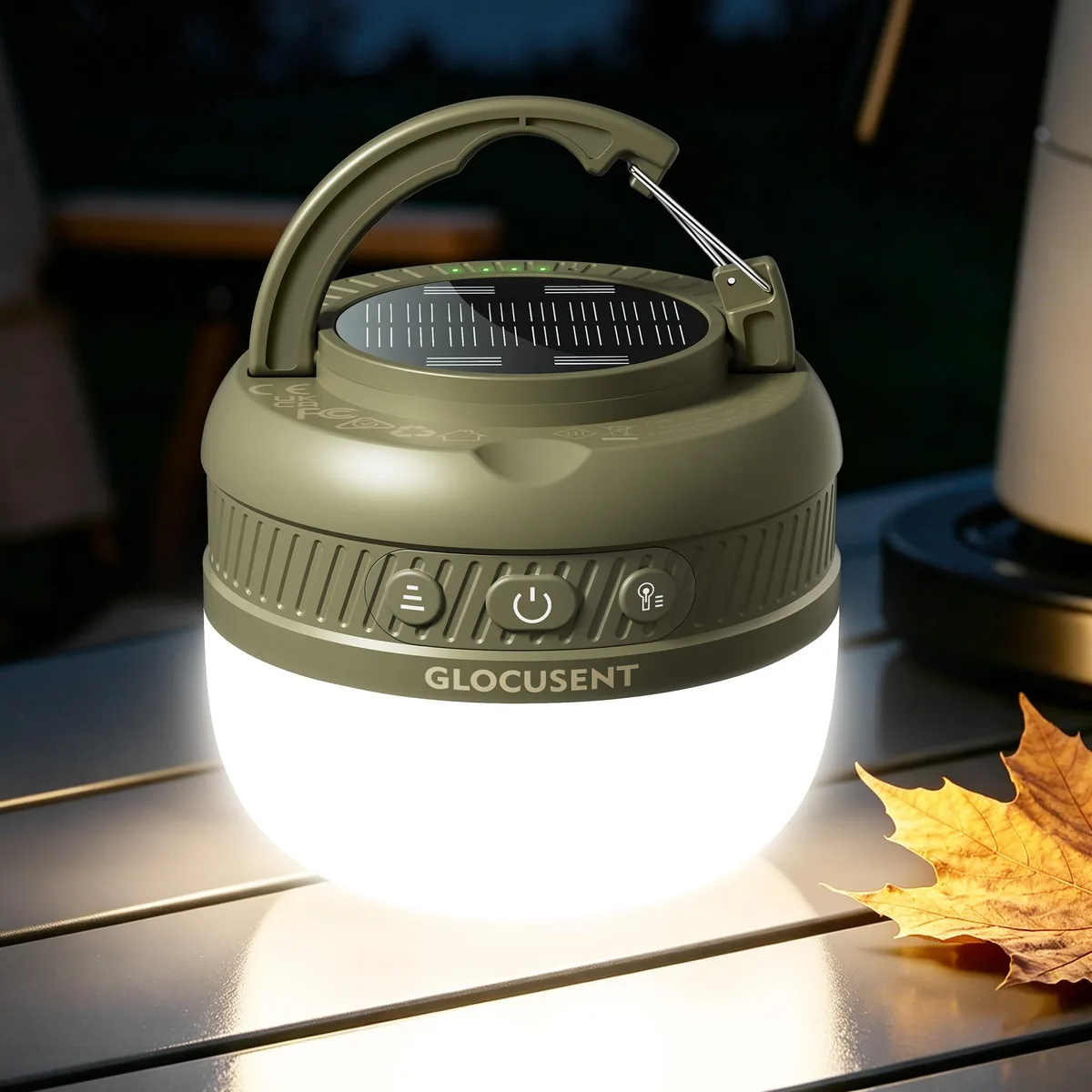 Green semi-cylindrical camping lantern with top solar panel and hanging mount