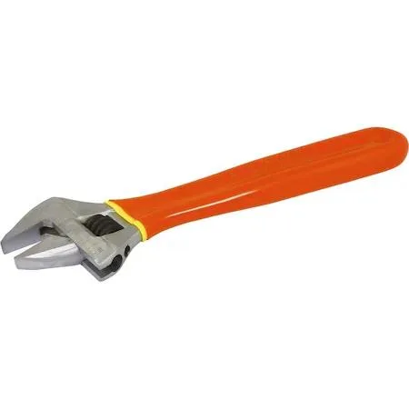 Twelve-inch insulated adjustable wrench with orange and yellow safety layers, measurement scale on head