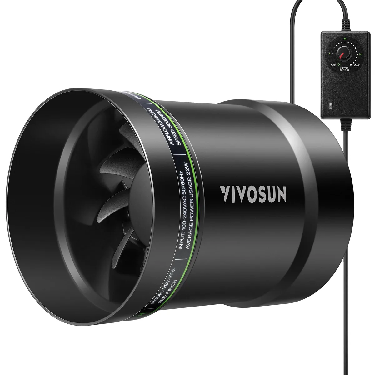 White cylindrical inline duct fan with speed controller unit attached