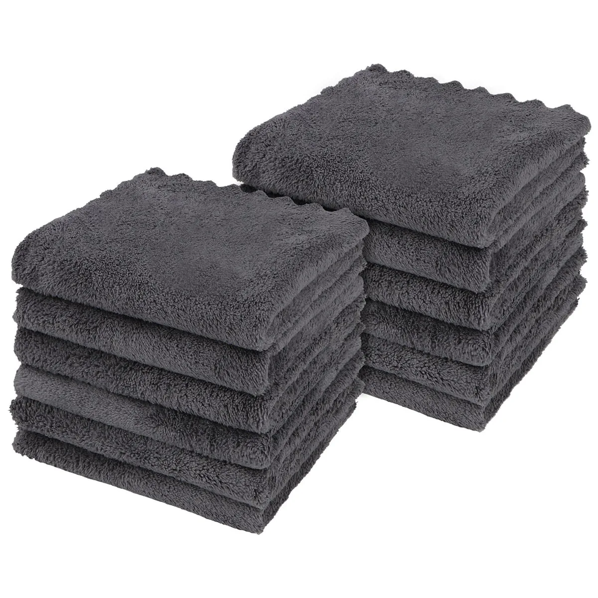 Stack of twelve grey square microfiber washcloths with plush coral velvet texture