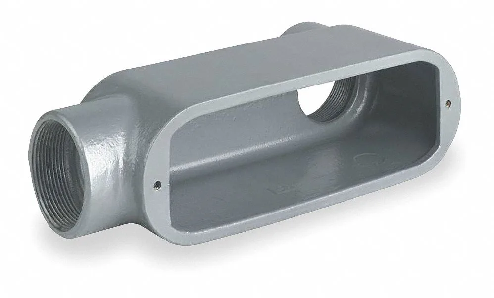 Gray powder-coated aluminum LB conduit outlet body with threaded hubs