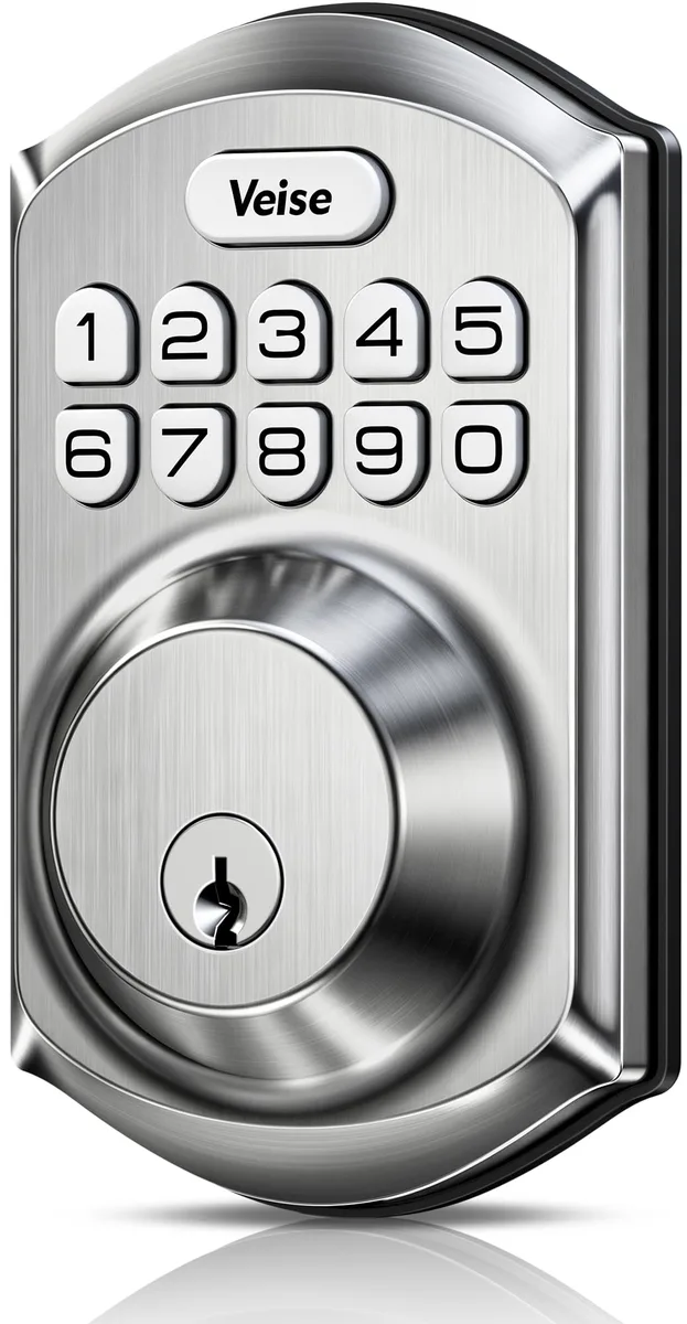 Black rectangular keypad deadbolt with silver keys, 5.12 by 2.95 by 1.3 inches