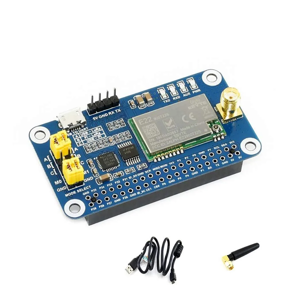 Green rectangular circuit board with 40-pin header and antenna connector