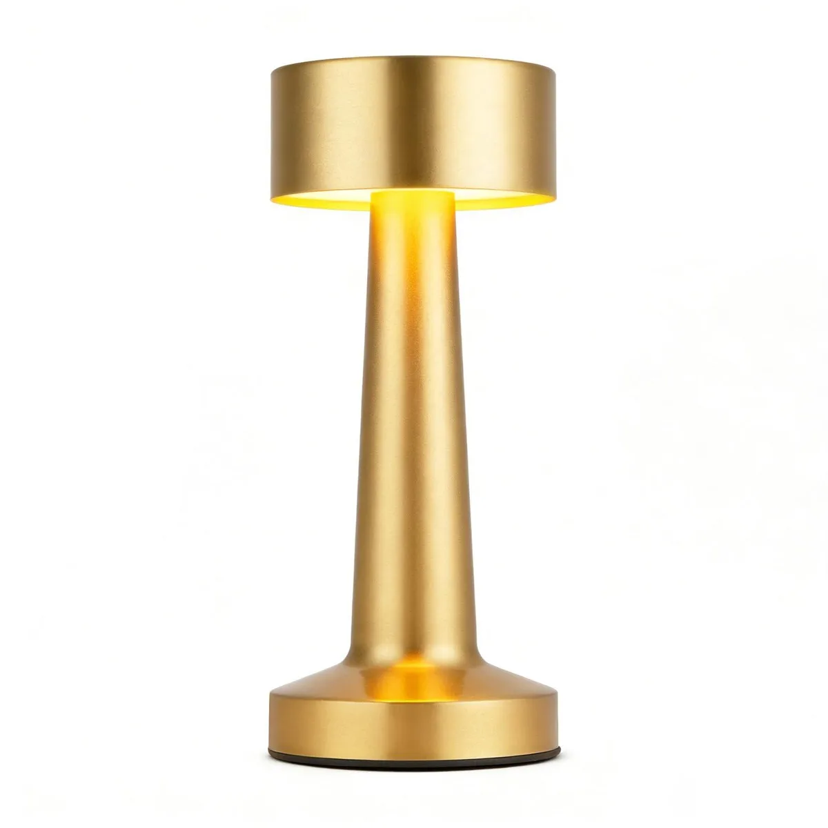A slender brushed metal table lamp in light gold with a touch-sensitive top