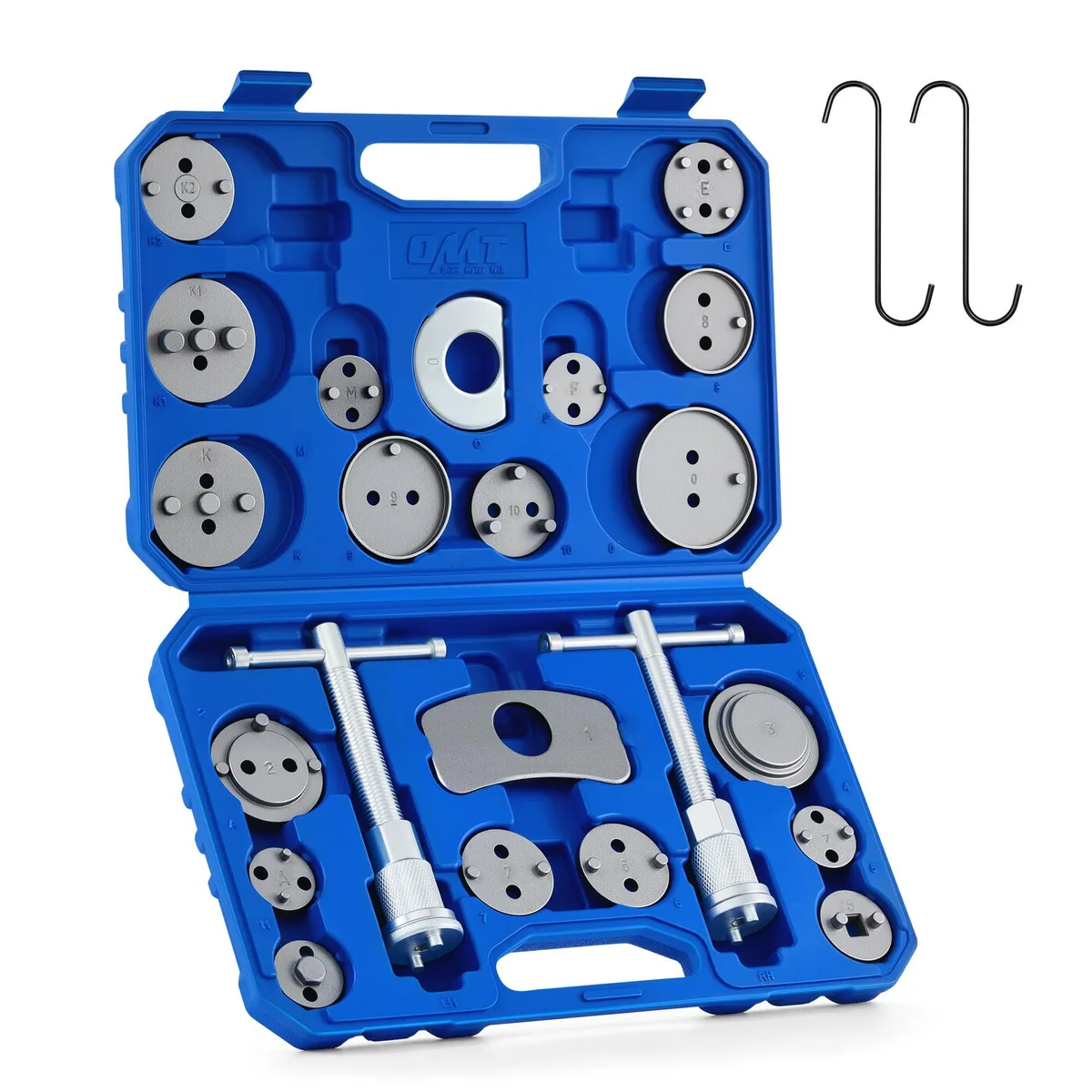 Blue case holding 24-piece brake caliper tool set with steel adapters and handles