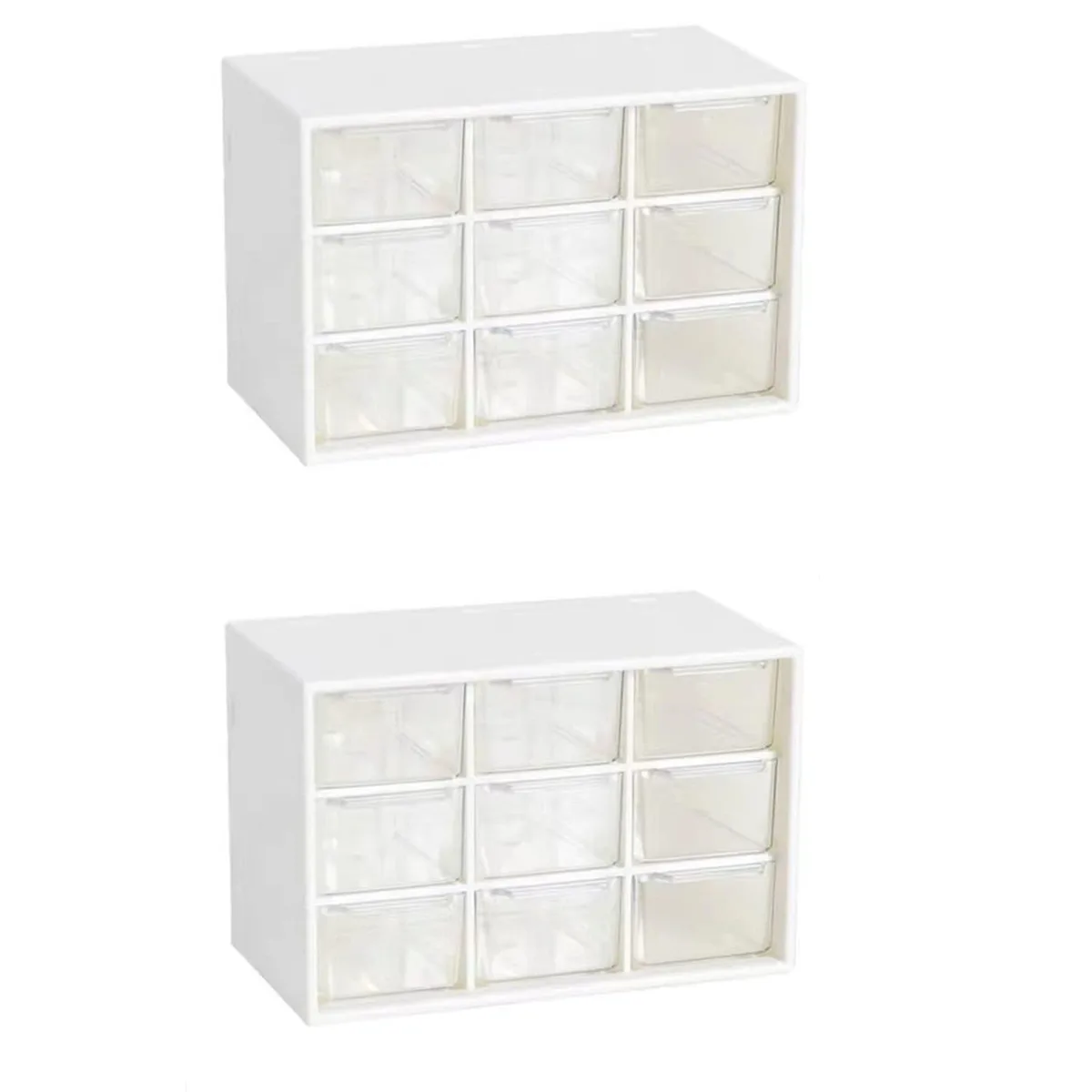 White plastic desktop organiser, nine clear removable drawers, stackable or wall-mountable, 7.1 by 3.9 by 4.7 inches