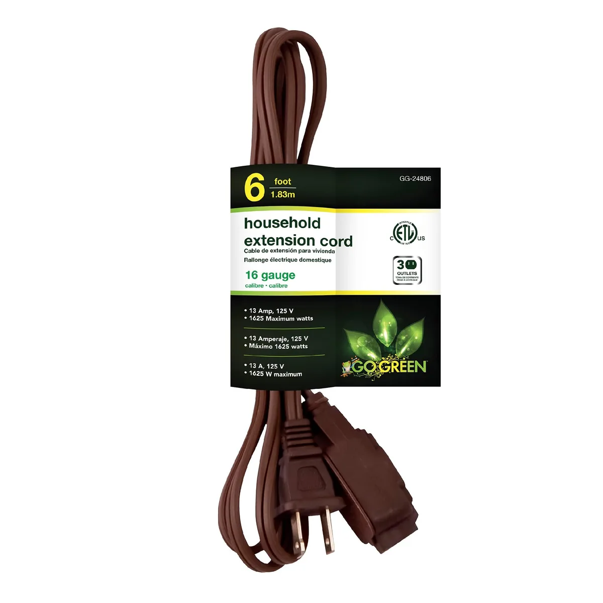  Power By GoGreen GG-24806 16/2 6ft 3-Outlet Power Extension Cord Brown — product photo