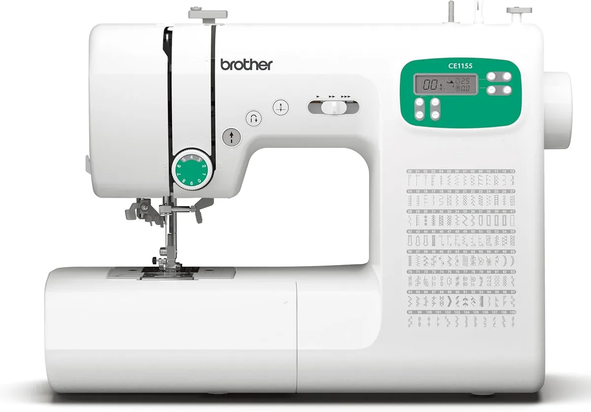 Off-white sewing machine with green accents and LCD screen