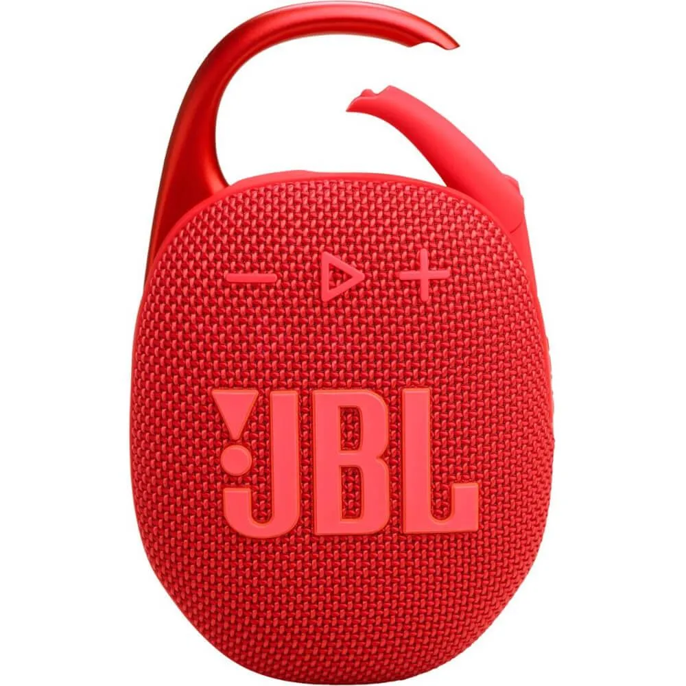 Small red Bluetooth speaker with integrated carabiner clip