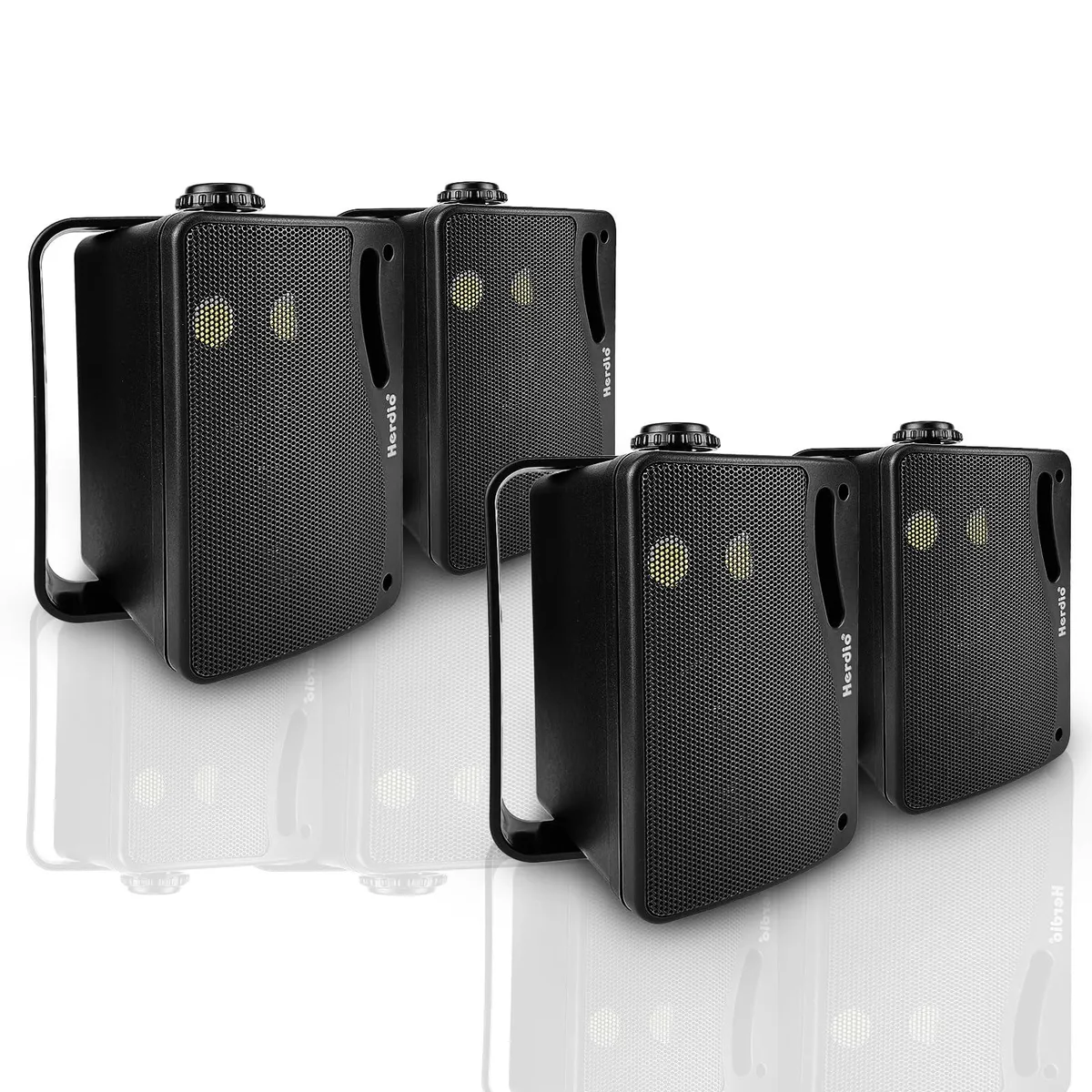 Four black rectangular outdoor speakers with swivel brackets