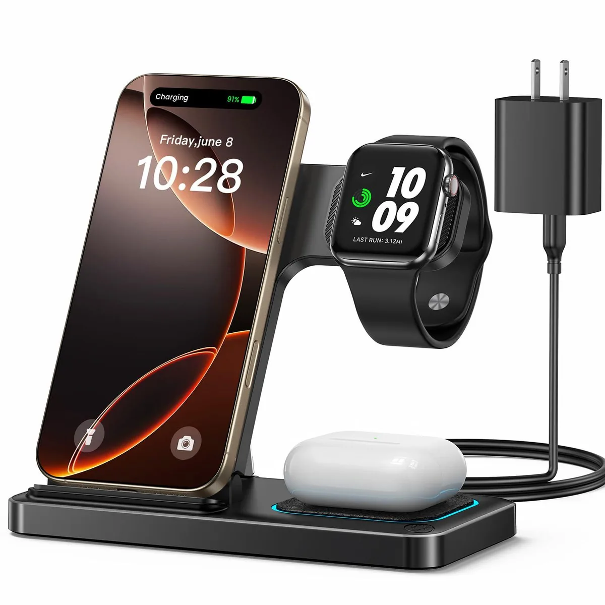 Foldable three-in-one wireless charger with phone, watch and AirPods pads, dark finish