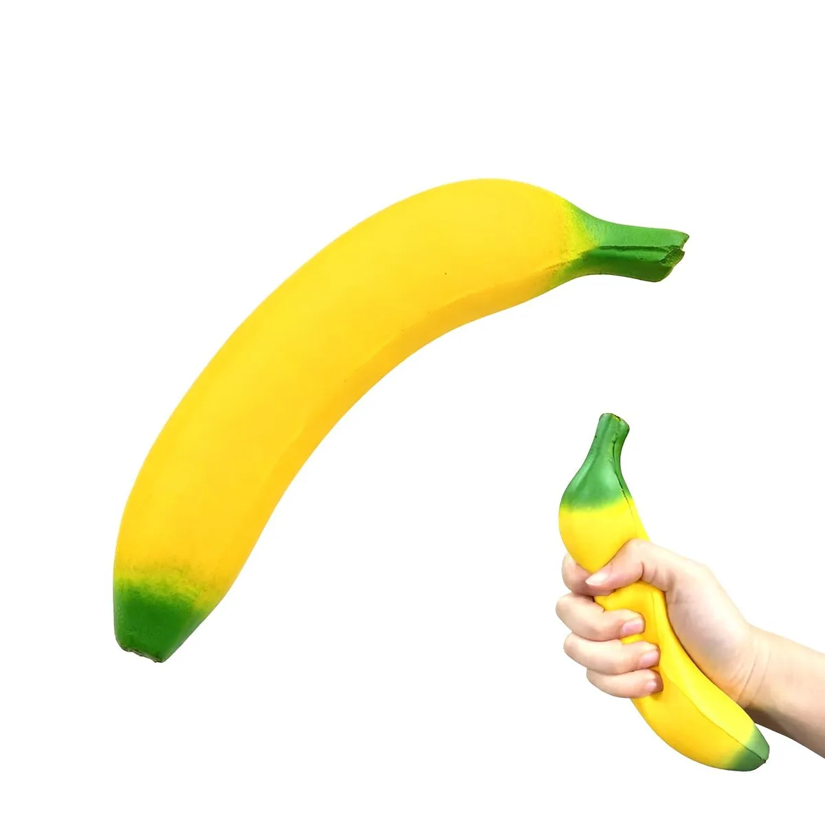Bright yellow banana-shaped squishy toy with green gradient, soft plastic material
