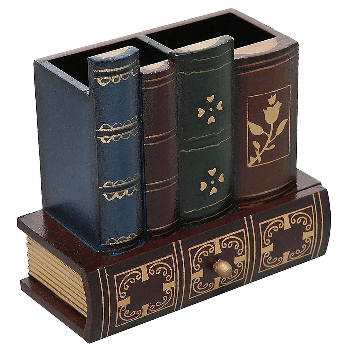Wooden desk organiser shaped like antique books with two pen compartments and a pull-out drawer, four pack