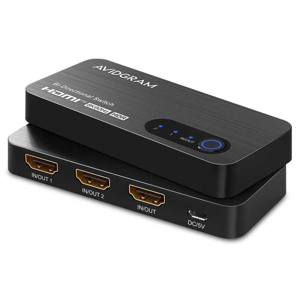 Small black rectangular box with three HDMI ports on one side, USB power socket, matte finish, lightweight plastic body