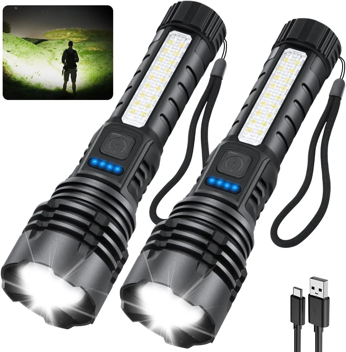 Cylindrical aluminium flashlight 6.9in long with USB power indicator