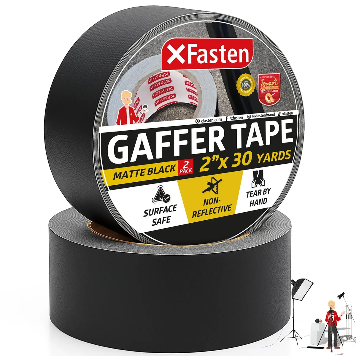  XFasten Black Gaffer Tape 2" x 30 Yards 2-Pack 180 Feet Matte — product photo