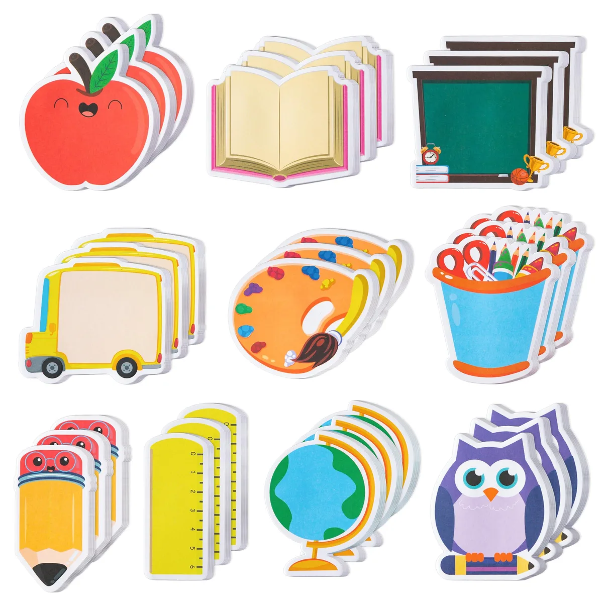 A stack of thirty small square notepads in ten school-themed designs, each pad about two by three inches