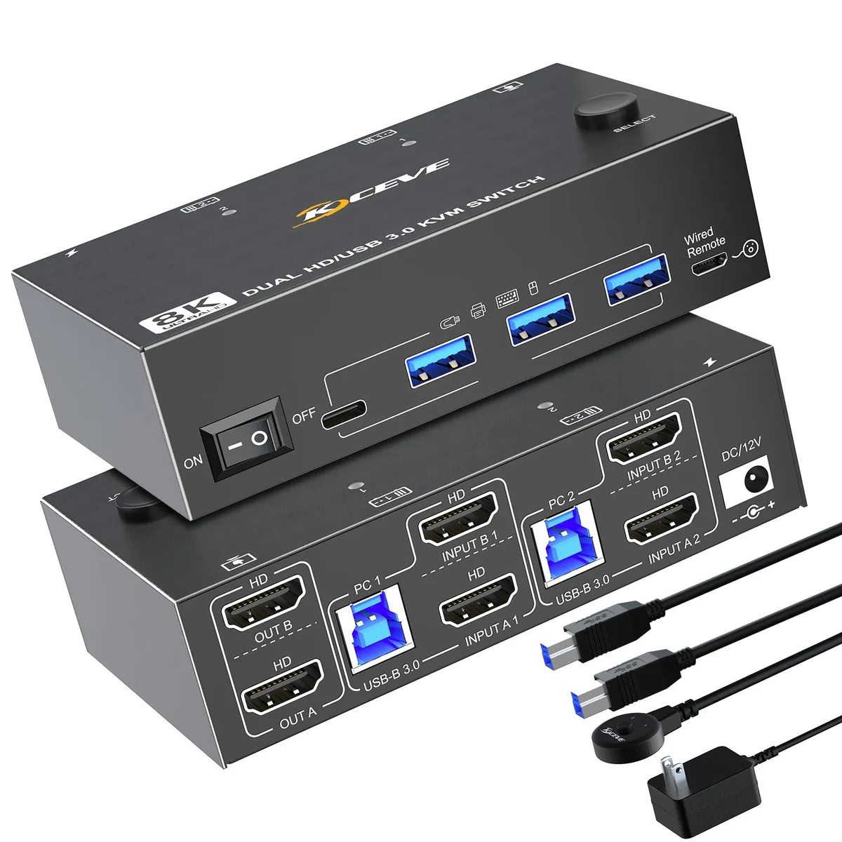 Vszerda Vszerda NA-8202 8K@60Hz 4K@144Hz dual monitor KVM switch 2 PCs 4 USB 3.0 wired remote — product photo